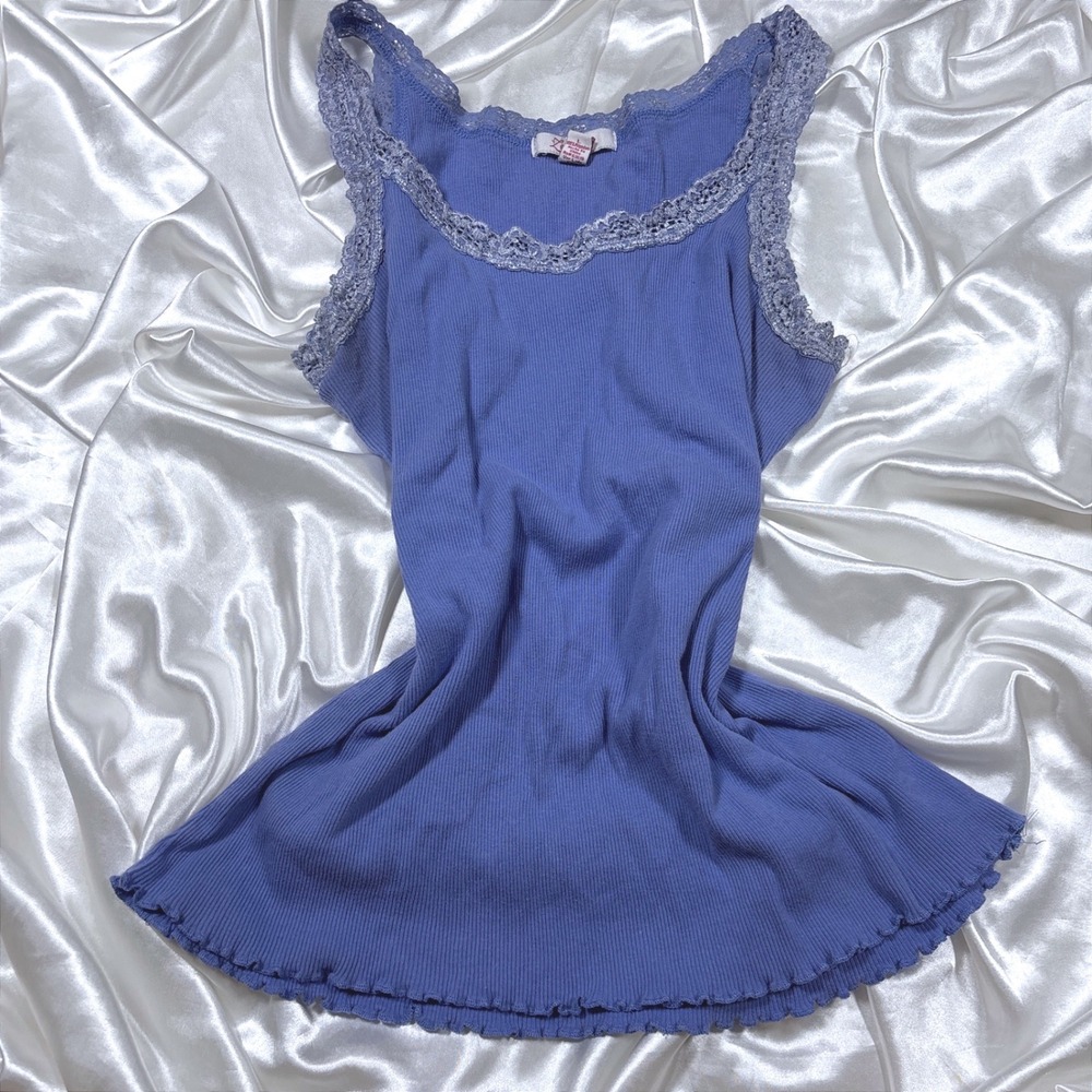 y2k Tank Top Blue Excellent Zena Lace Trim Ribbed Lettuce Hem Cotton Cami